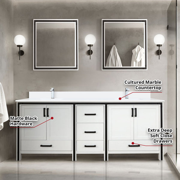 English Elm White Double Bath Vanity 80" W x 22" D with Cultured Marble Scratch‑Resistant Top, Faucet & Mirrors B2731S01144