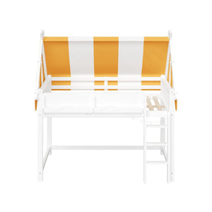 English Elm Full Size Solid Wood Loft Bed with Canopy Led Lighting and Integrated Bookshelf White N7090002242K
