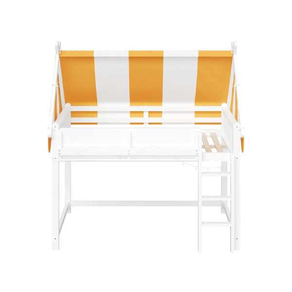 English Elm Full Size Solid Wood Loft Bed with Canopy Led Lighting and Integrated Bookshelf White N7090002242K