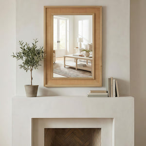 English Elm Natural Rattan Wrapped Solid Wood Rectangular Mirror Handcrafted Farmhouse Bathroom Entryway Natural Wood W2203P436617