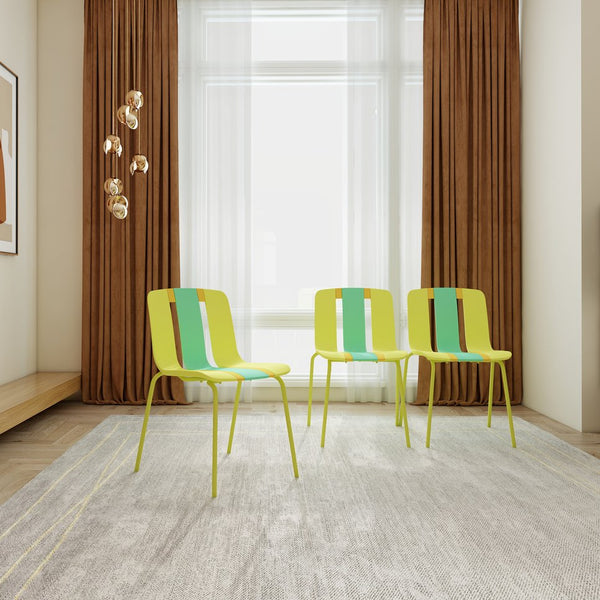 English Elm 4-Pack Modern Striped Color Block Chairs with Weatherproof PP Seats and Heavy-Duty Metal Legs for Indoor Outdoor Seating Grain Yellow,Haze Green,Tropical Orange W3450P322861