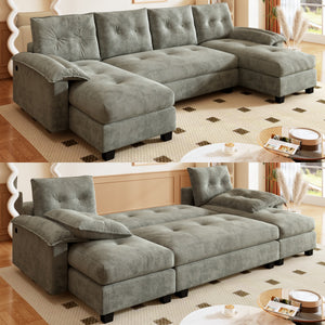 English Elm 104.7" U-Shaped Sleeper Sofa with Pull-Out Bed, Convertible Modular Sectional with Chaise, USB Ports, Chenille Upholstery LIGHT GREY W1885S00212