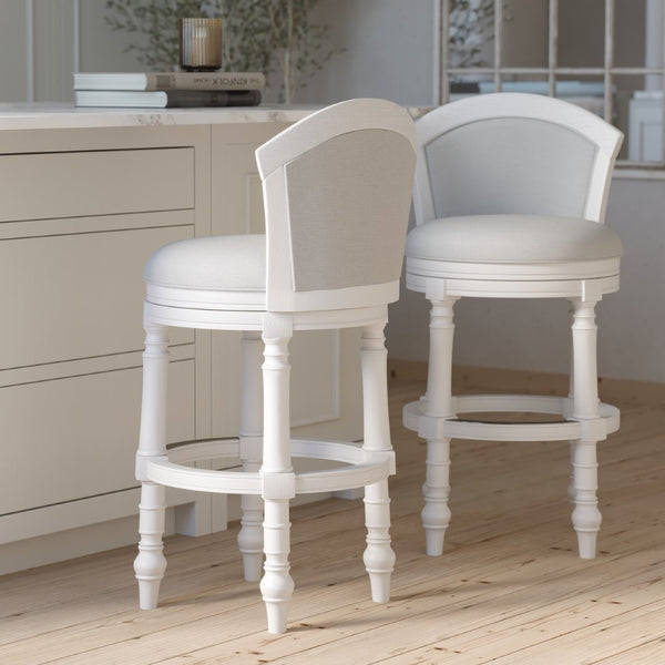 English Elm 26" Farmhouse Barrel Back Swivel Counterstool Upholstered Wood Frame Kitchen Island Seating White B2751P436469