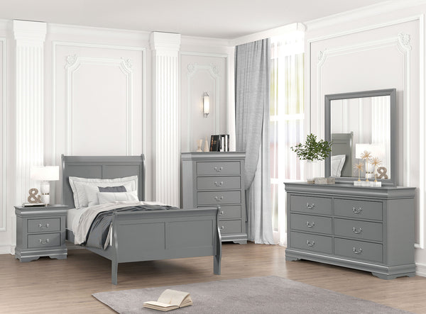 English Elm Gray Sleigh Bed Queen Size Wooden Frame with Elegant Louis Philippe Design for Classic Bedrooms Gray,Grey 27 L x 55 W x 6 H B2741S00584