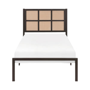 English Elm 1pc Twin Platform Bed with Dark Metal Frame and Faux Cane Panel Headboard, Coastal Casual Design, No Box Spring Needed Bronze 47.25 L x 28 W x 3.75 H B011P214033