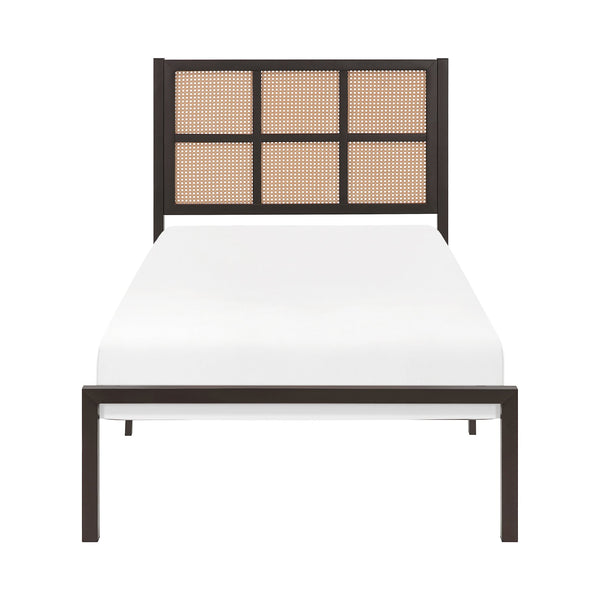 English Elm 1pc Twin Platform Bed with Dark Metal Frame and Faux Cane Panel Headboard, Coastal Casual Design, No Box Spring Needed Bronze 47.25 L x 28 W x 3.75 H B011P214033