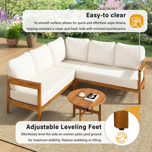 English Elm U_style Acacia Wood Outdoor L Shaped Corner Sofa Set with Arc Frame and Cushions White WY000481AAA