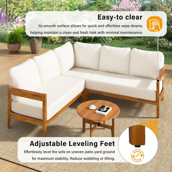 English Elm U_style Acacia Wood Outdoor L Shaped Corner Sofa Set with Arc Frame and Cushions White WY000481AAA