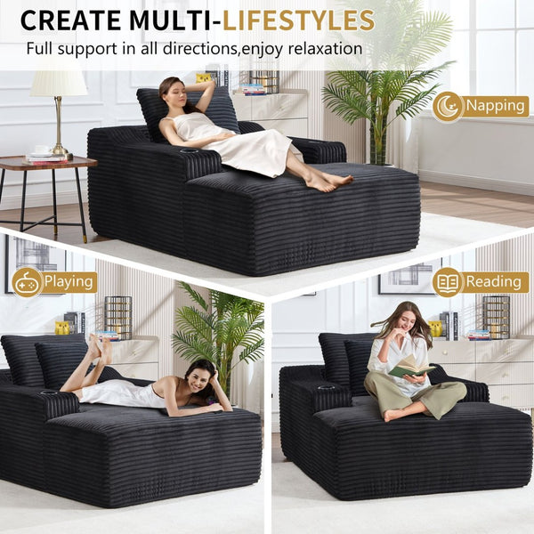 English Elm 67" Corduroy Oversized Chaise Sleeper Sofa Deep Seat Boneless Lounge with Cup Holder Pillows Black W1803P409253