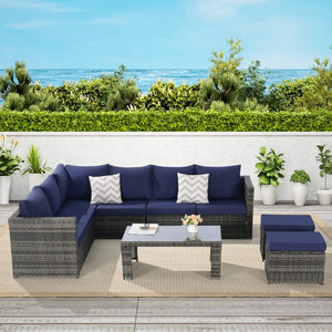 English Elm 6 Piece Outdoor Modular Sectional with Pe Wicker Cushioned Seating and Tempered Glass Table Dark Blue W874S00065