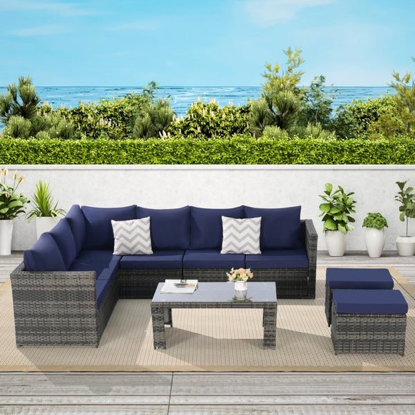 English Elm 6 Piece Outdoor Modular Sectional with Pe Wicker Cushioned Seating and Tempered Glass Table Dark Blue W874S00065