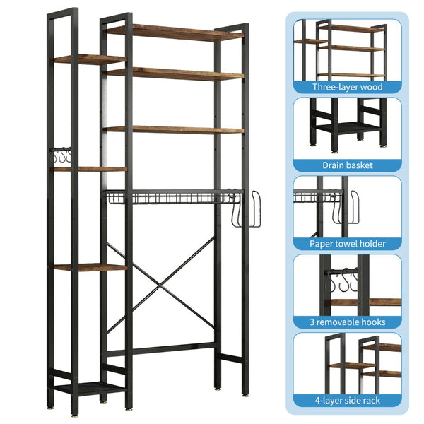 English Elm 8-tier Freestanding Over Toilet Organizer with Side Racks and Drain Basket Vintage Brown W2641P418457