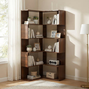 English Elm 6 Tier Corner Bookcase Tall L Shaped Walnut Mdf Open Shelving Unit for Home Office W3204P442028