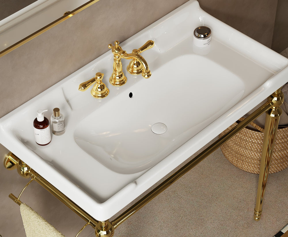 English Elm VICI 36" Bathroom Ceramic Basin with 3 Pre-Drilled Holes and Overflow — Retro-Modern Timeless Design White W2615P226055