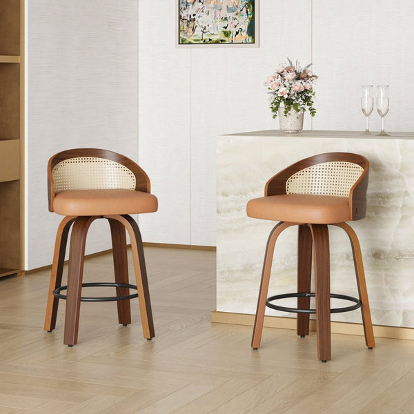 English Elm Swivel Counter Stools Set of 2 Rattan Back Pu Seat Mid Century Wood Frame Kitchen Yellow T3623P431183