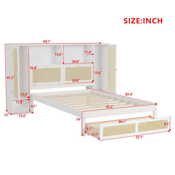 English Elm Twin Multifunctional Bed with Rattan Headboard Storage, Drawer & Shelves — Space-Saving Pine Design White 50.4 L x 19.8 W x 5.5 H N733S241280K