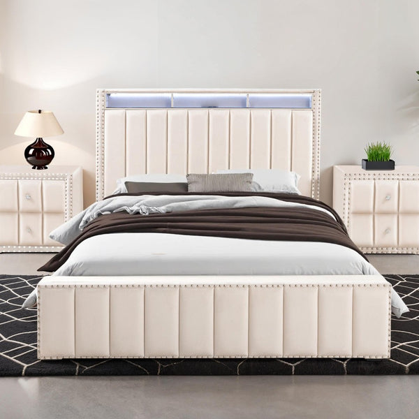 English Elm Contemporary Queen Bedroom Set Channel Tufted Upholstered Bed with Led Headboard Nightstands Beige B2741S00775