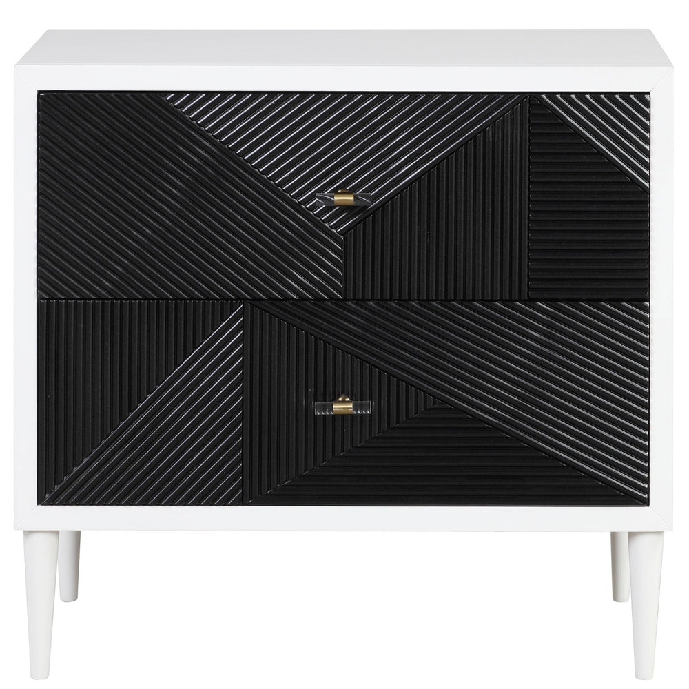 English Elm White patterned nightstand with 2 self-closing drawers, turned wooden legs, elegant black accents B062P185704