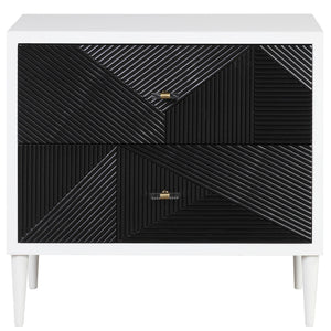 English Elm White patterned nightstand with 2 self-closing drawers, turned wooden legs, elegant black accents B062P185704