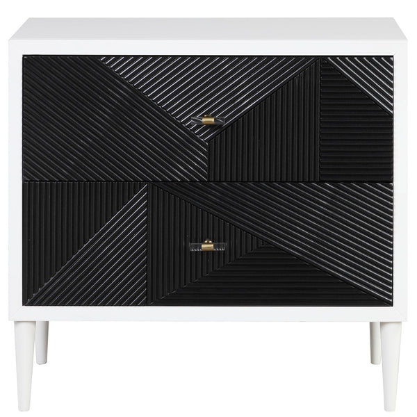 English Elm White patterned nightstand with 2 self-closing drawers, turned wooden legs, elegant black accents B062P185704