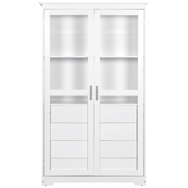 English Elm Topmax Solid Pine Pantry Cabinet with Glass Doors Four Drawers Farmhouse Storage White SP000086AAK