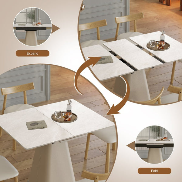 English Elm Retractable Rock Slab Dining Set with Leather Wrapped Base for Compact Apartments W2700S00100