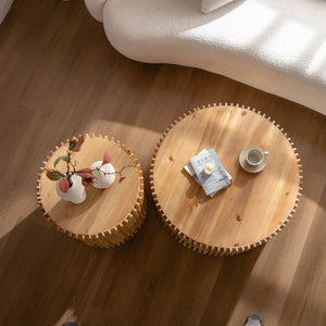 English Elm Retro Cylindrical Coffee Tables Set Of 2 - Textured Relief Design For Stylish Living Room & Office Use W757S00029-GIGA