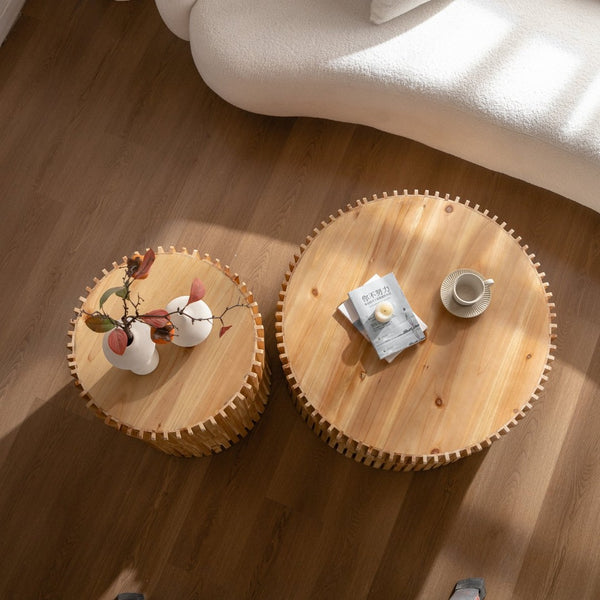 English Elm Retro Cylindrical Coffee Tables Set Of 2 - Textured Relief Design For Stylish Living Room & Office Use W757S00029-GIGA