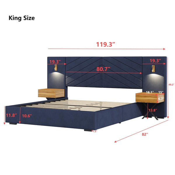 English Elm Luxurious King Velvet Platform Bed with Tufted Headboard Integrated Nightstands Led Lamps Retro Blue W1793S00054