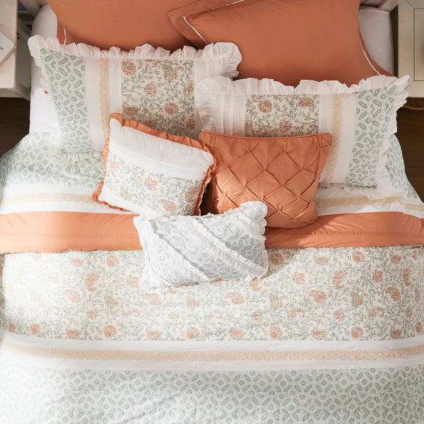 English Elm 9 Piece Cotton Percale Comforter Set - Elegant Coral King Bedding With Paisley Print & Pillows B03596895
