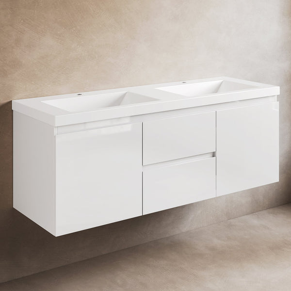 English Elm 60" Floating Bathroom Vanity with Double Sinks, Gloss White Quartz Top, Soft-Close Drawers, Wall-Mount Elegance T3210P278297