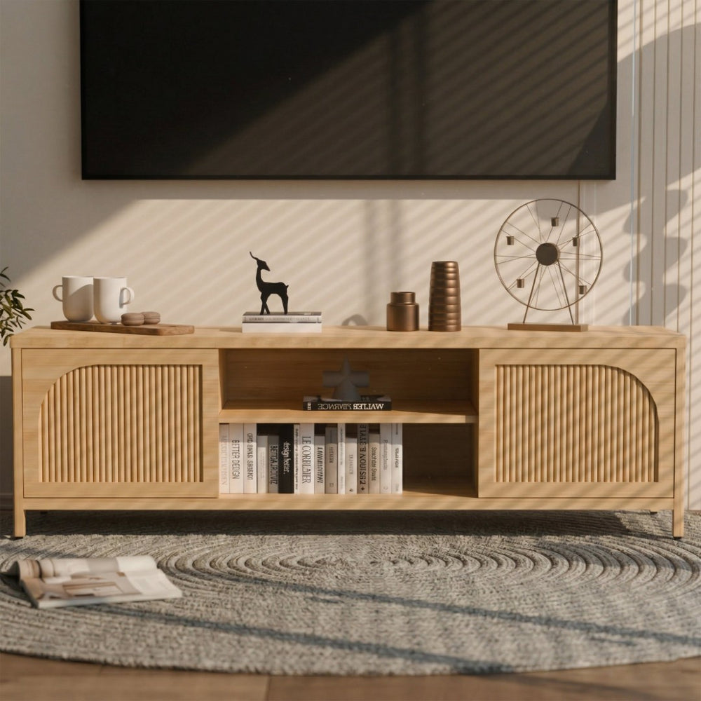 English Elm Bamboo Low Profile Media Console with Open Shelving and Cabinet Storage for Living Room W2207P334018