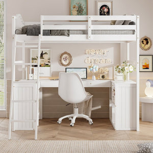 English Elm Twin Loft Bed with Desk Drawers Cabinet Shelves Solid Pine Wood White Finish LT0001505AAK-1