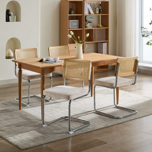 English Elm Mid Velvet Mid Century Dining Chair with Rattan Back, Solid Wood Frame, Plush Velvet, 360lb Capacity Beige W1143P168322