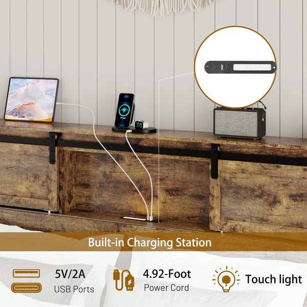English Elm Queen Metal Platform Bed Dark Brown Storage Headboard with Usb Charging No Box Spring W636P419871