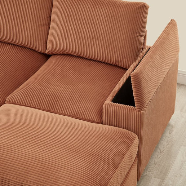 English Elm 122"l Corduroy Sectional with Dual Ottomans Modular U-shape Sofa for Modern Living Orange W1669S00022