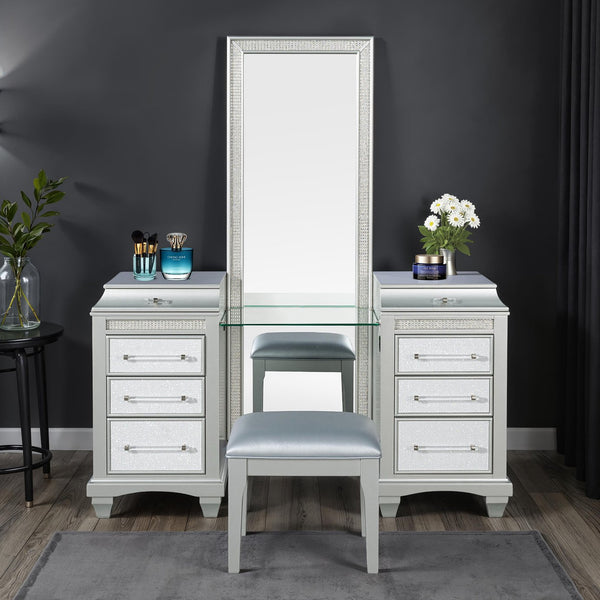 English Elm Glam Elegant Vanity Set with LED Mirror, Plush Stool, Ample Storage, Felt-Lined Drawers, Chic Finish Gray 24 L x 40 W x 36 H B2741S00671
