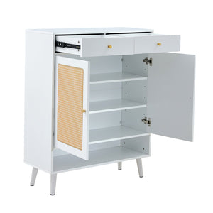 English Elm Modern white storage cabinet with vine rattan design, MDF shoe & bedside organizer, quick assembly, sleek decor W1151P151509