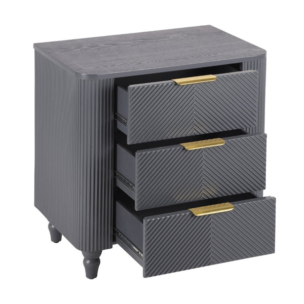 English Elm Mid-century Fluted 3 Drawer Nightstand with Gourd Legs and Gold Tone Handles for Bedroom Dark Gray N761P285712D