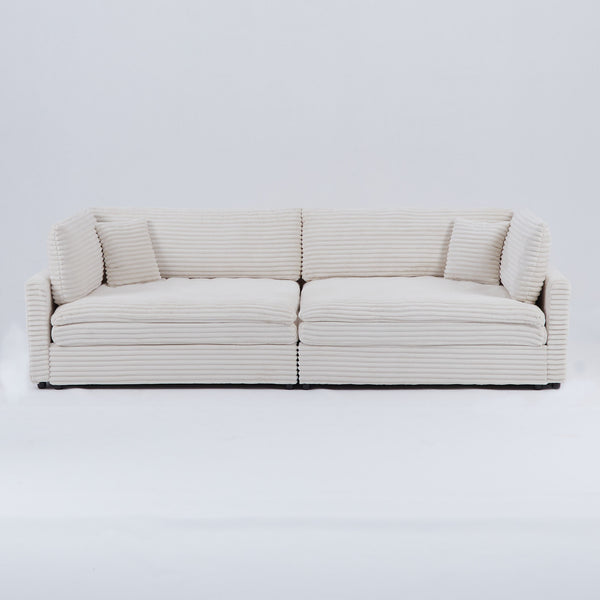 English Elm The 112-inch Corduroy Sofa in Beige with Two Pillows, Solid Wood Frame, S-Spring Comfort for 4-seat Living Room W3371S00006