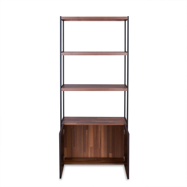 English Elm Sara Walnut & Sandy Black Finish Bookshelf with Cabinet Storage, 3 Shelves, Modern PU Design, 31" x 53" B2726P256445