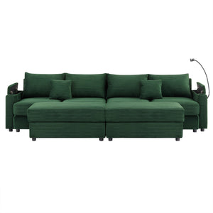 English Elm 123.2" Modular 4-seater Sectional Sofa with Hidden Storage, USB Ports, Cup Holders, Plush Corduroy Green N719S001614F