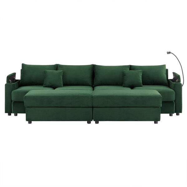 English Elm 123.2" Modular 4-seater Sectional Sofa with Hidden Storage, USB Ports, Cup Holders, Plush Corduroy Green N719S001614F