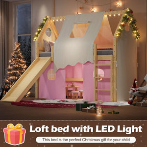 English Elm Twin Pine Loft Bed with House Frame Tent Led Lights Slide and Floor Space Below W1580S00289