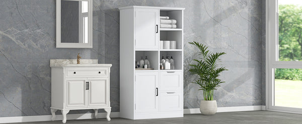 English Elm Bathroom Tall Storage Cabinet with Doors, 2 Drawers, Adjustable Shelf, Anti-Tip, MDF White, Sleek Handles WF530559AAK