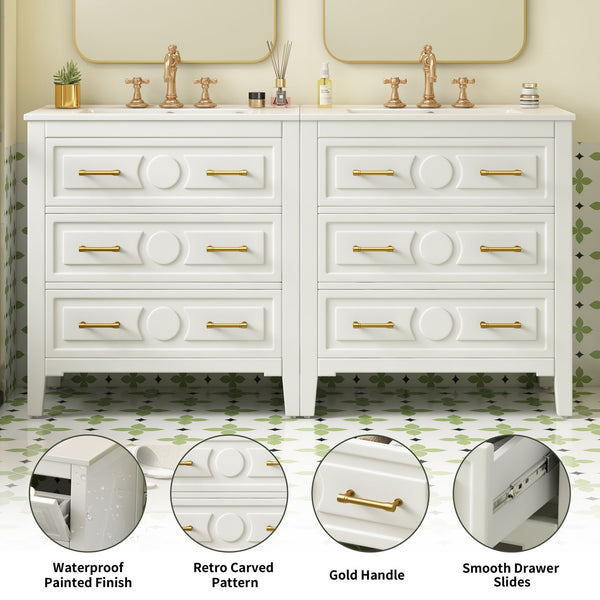 English Elm 60'' Bathroom Vanity Set With Elegant Ceramic Sink, Soft-Close Drawers, Solid Wood Frame Storage Solution N710SS00003K