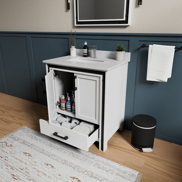 English Elm White Bath Vanity 30" W x 22" D with Cultured Marble Top, Chrome Faucet & 28" Mirror, Scratch‑Resistant B2731S01354