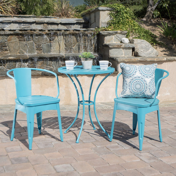 English Elm Christopher Knight Home® - COLMAR 3-Piece Metal Bistro Set for Patio — Weather-Resistant Iron Table & Stackable Armchairs, Slatted Design Teal 56558.00MCT