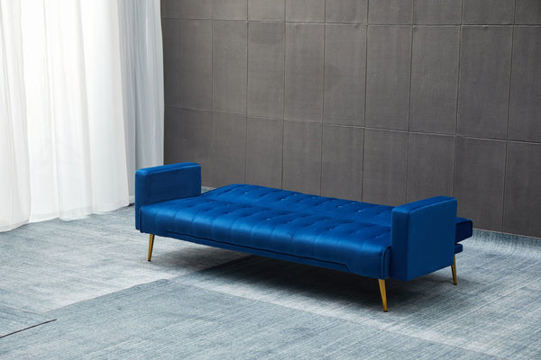 English Elm SOFA Velvet Convertible Sofa Bed with Golden Legs, Solid Wood Frame, Compact Design for Small Spaces Dark Blue B205P246427