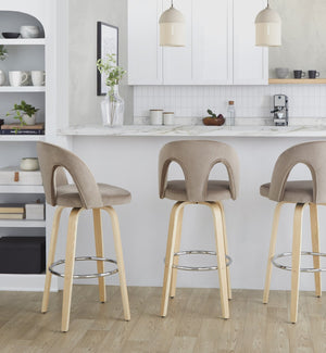 English Elm Fixed-height Swivel Barstools Taupe Velvet Natural Wood Legs Chrome Footrest Set B202S01877